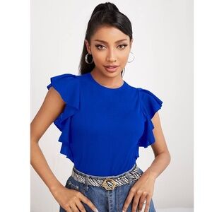 PinkMstyle Solid Ruffle Trim Tee Shirt ribbed size medium royal blue
